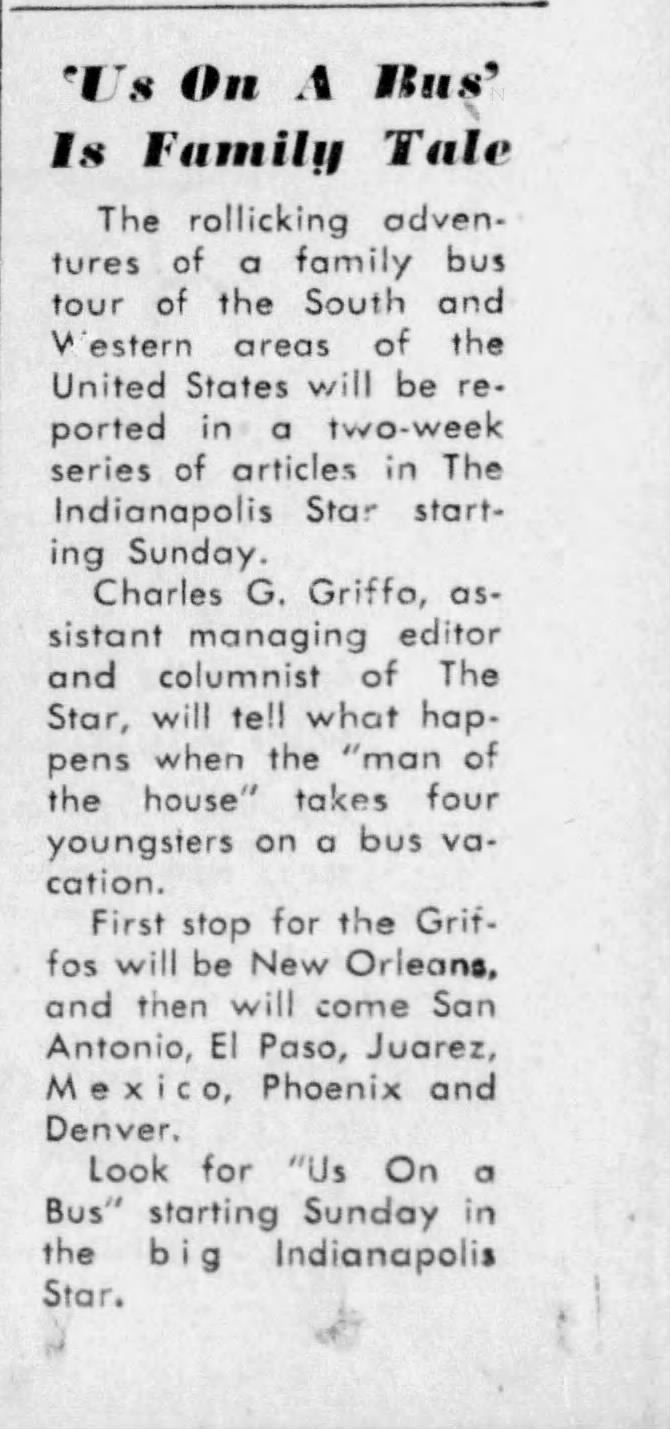 Newspaper clipping for Us on a Bus, Us on a bus is family tale