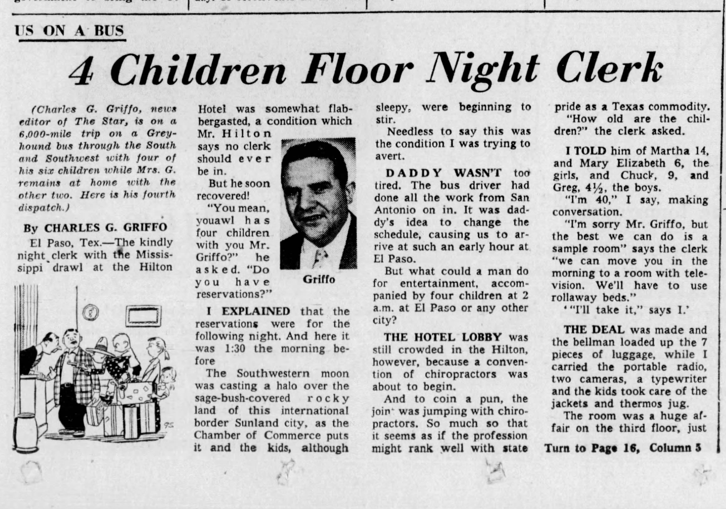 Newspaper clipping for 4 Children Floor Night Clerk, Page 1