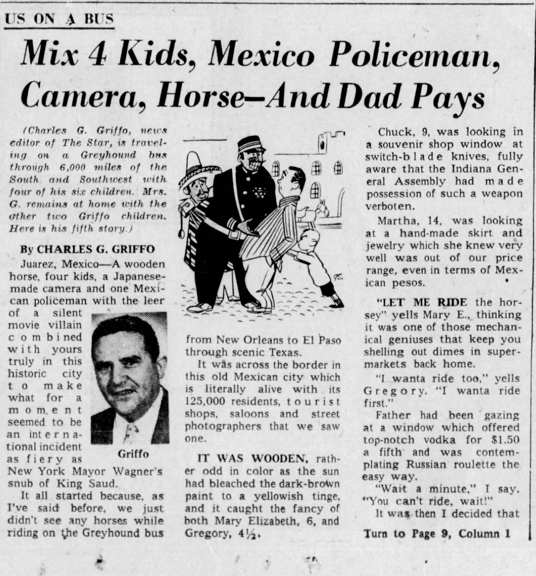 Newspaper clipping for Mix 4 Kids, Mexico Policeman, Camera, Horse-And Dad Pays, Page 1