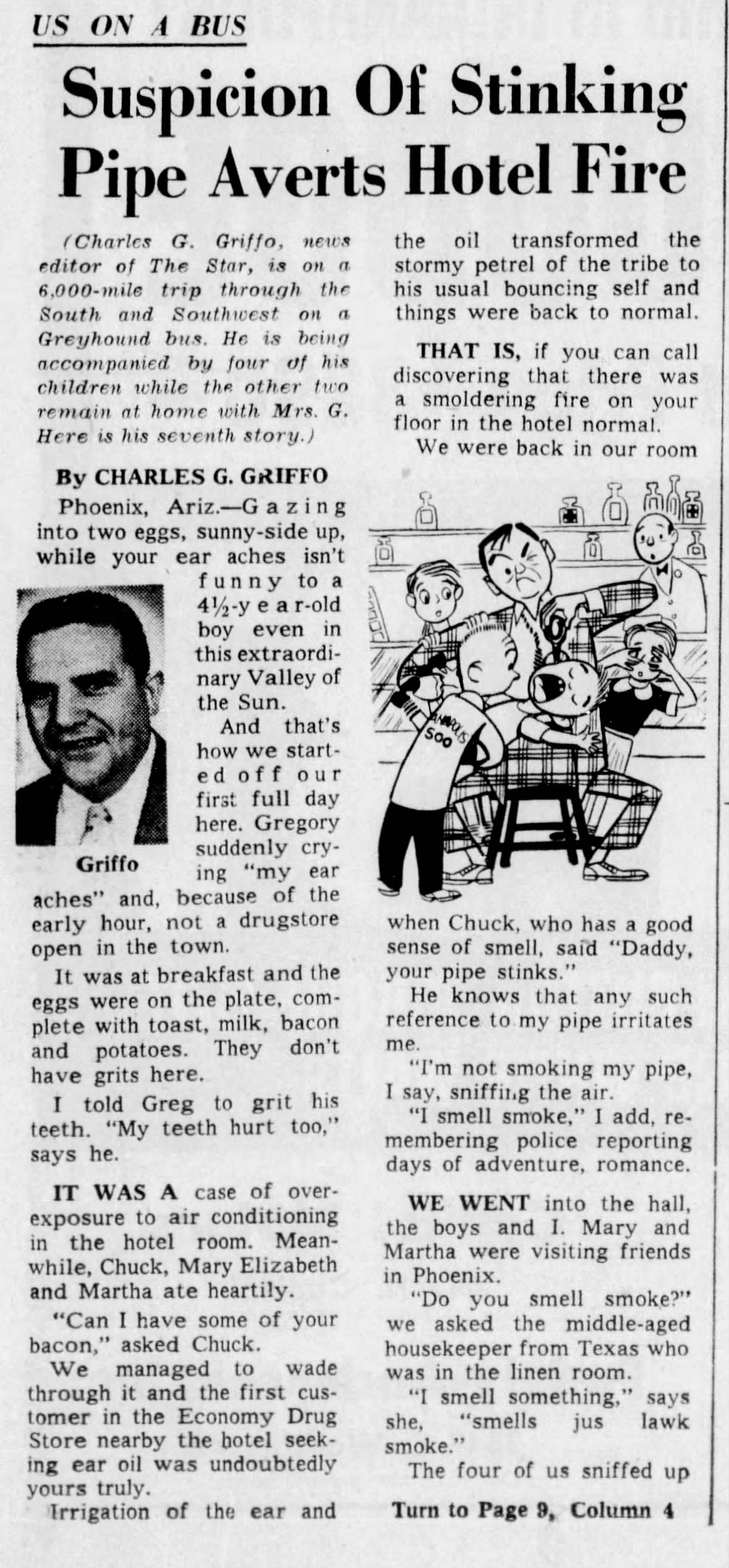 Newspaper clipping for Suspicion of Stinking Pipe Averts Hotel Fire, Page 1