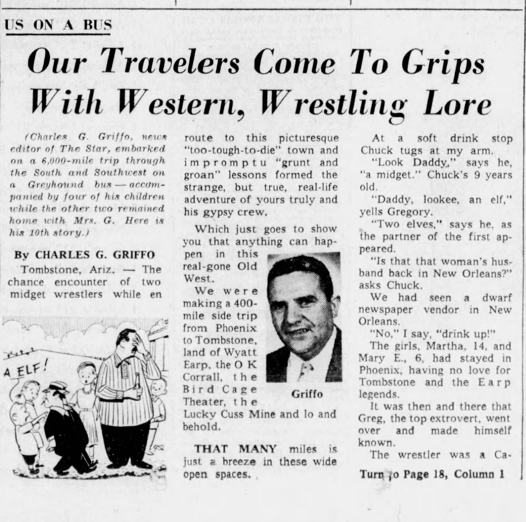 Newspaper clipping for Our Travelers Come to Grips with Western, Wrestling Lore, Page 1
