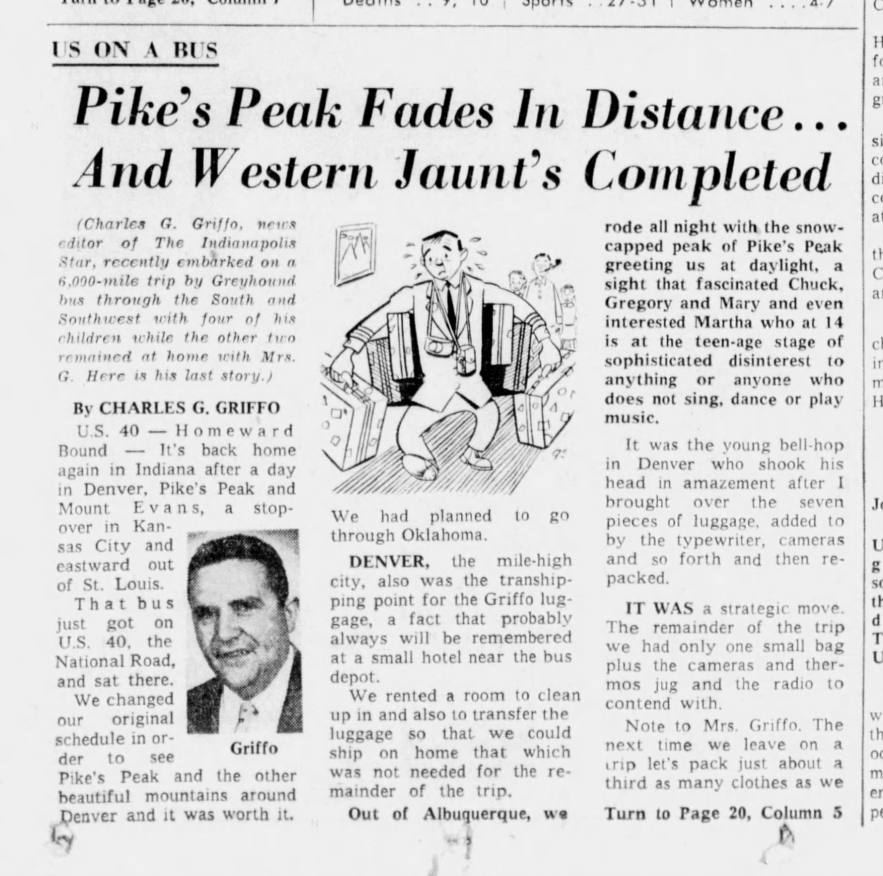 Newspaper clipping for Pike's Peak Fades In Distance... And Western Jaunt's Completed, Page 1