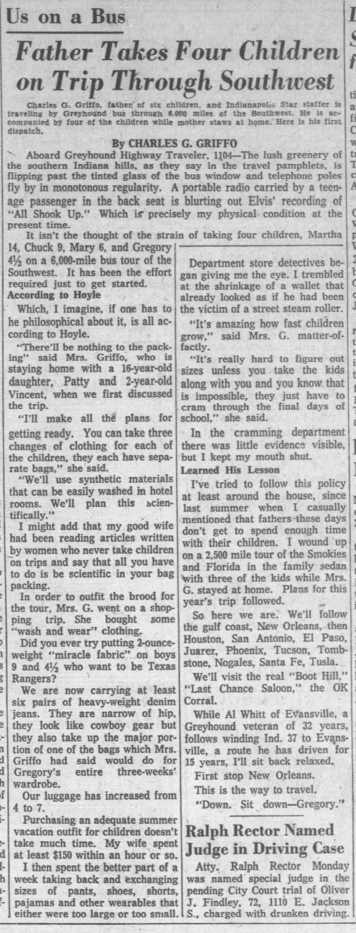 Newspaper clipping for Us on a Bus Father Takes Four Children on Trip Through Southwest, Page 1