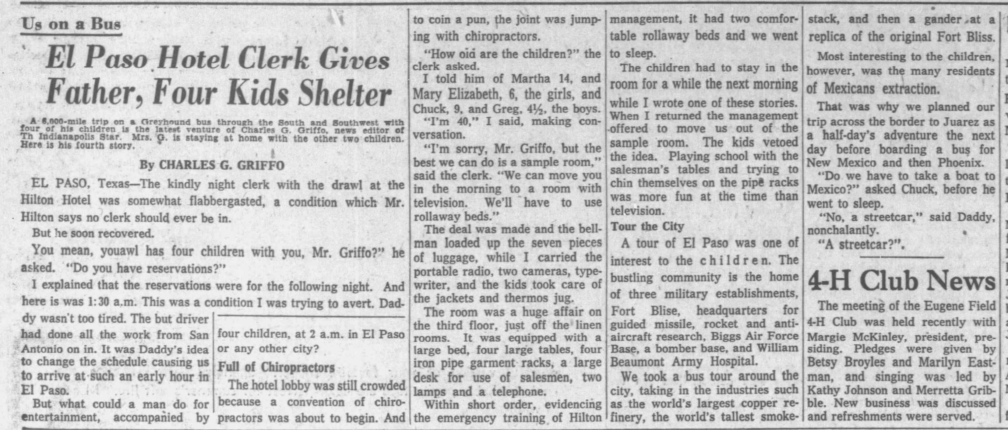 Newspaper clipping for El Paso Hotel Clerk Gives Father, Four Kids Shelter, Page 1