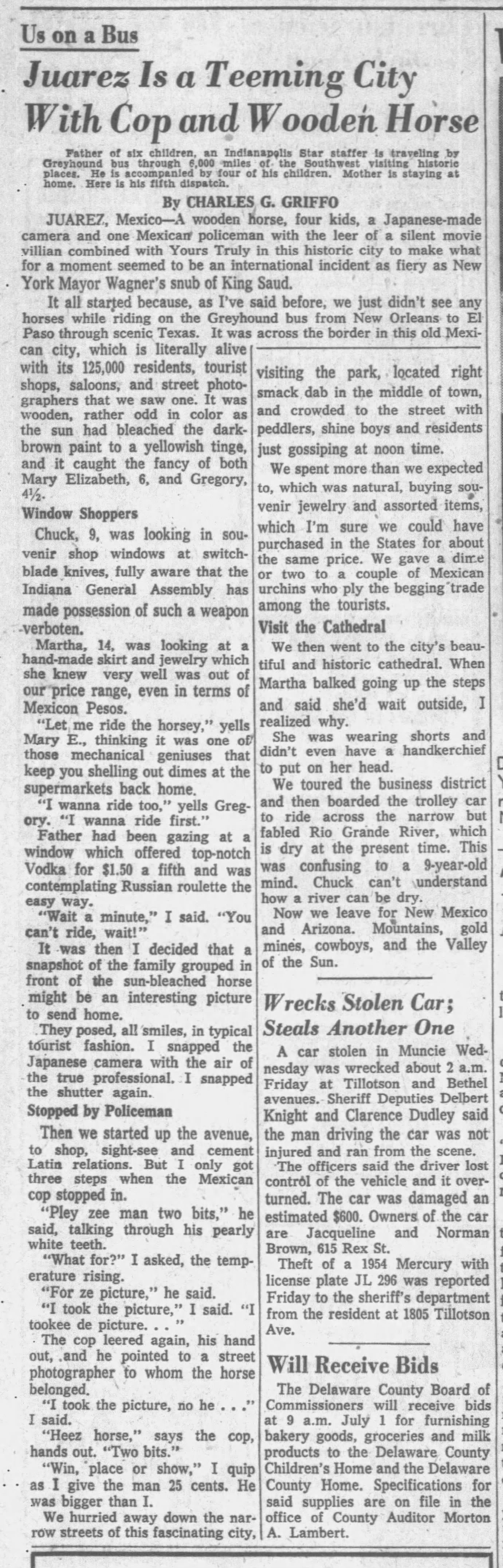 Newspaper clipping for Juarez is a Teaming City With Cop and Wooden Horse, Page 1