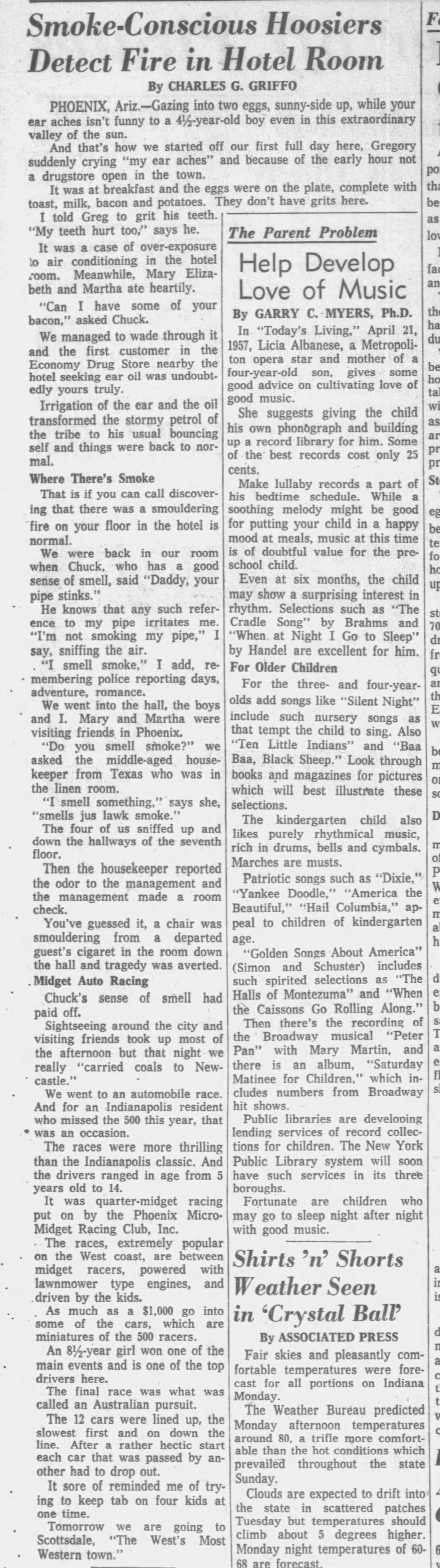 Newspaper clipping for Smoke-Conscious Hoosiers Detect Fire in Hotel Room, Page 1
