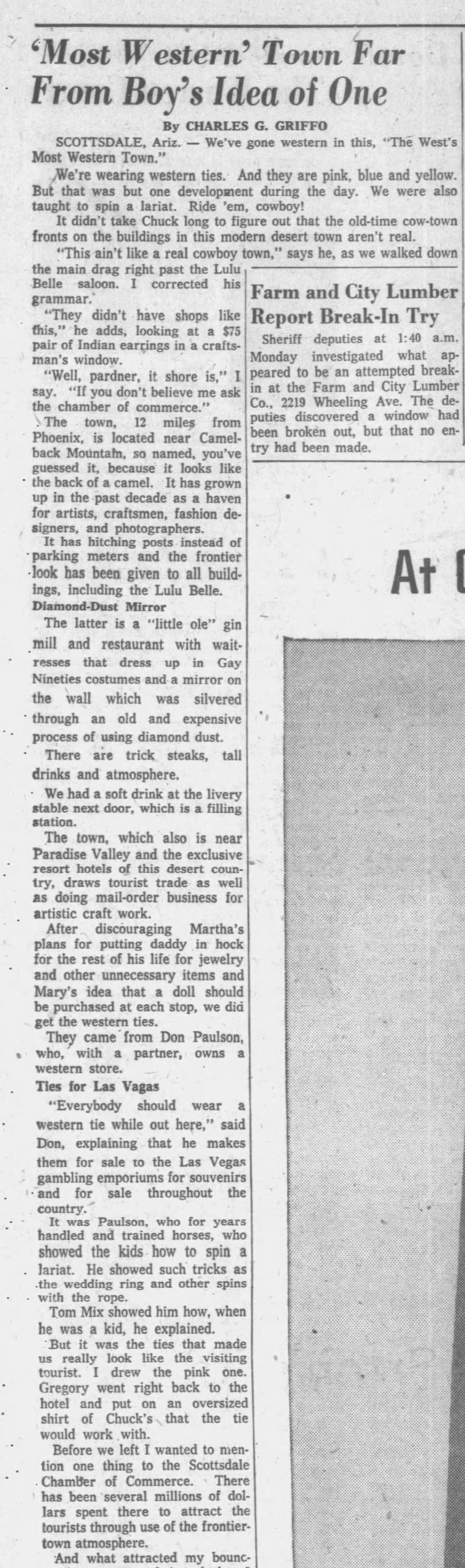 Newspaper clipping for Most Western' Town Far From Boy's Idea of One, Page 1