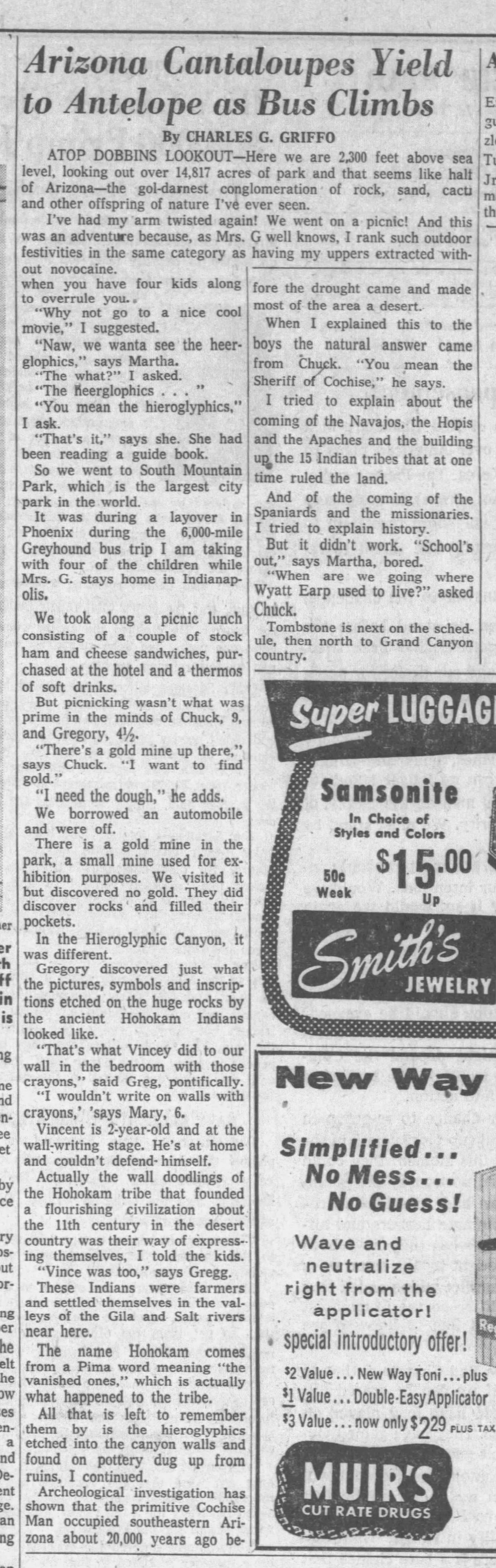 Newspaper clipping for Arizona Cantaloupes Yield to Antelope as Bus Climbs, Page 1