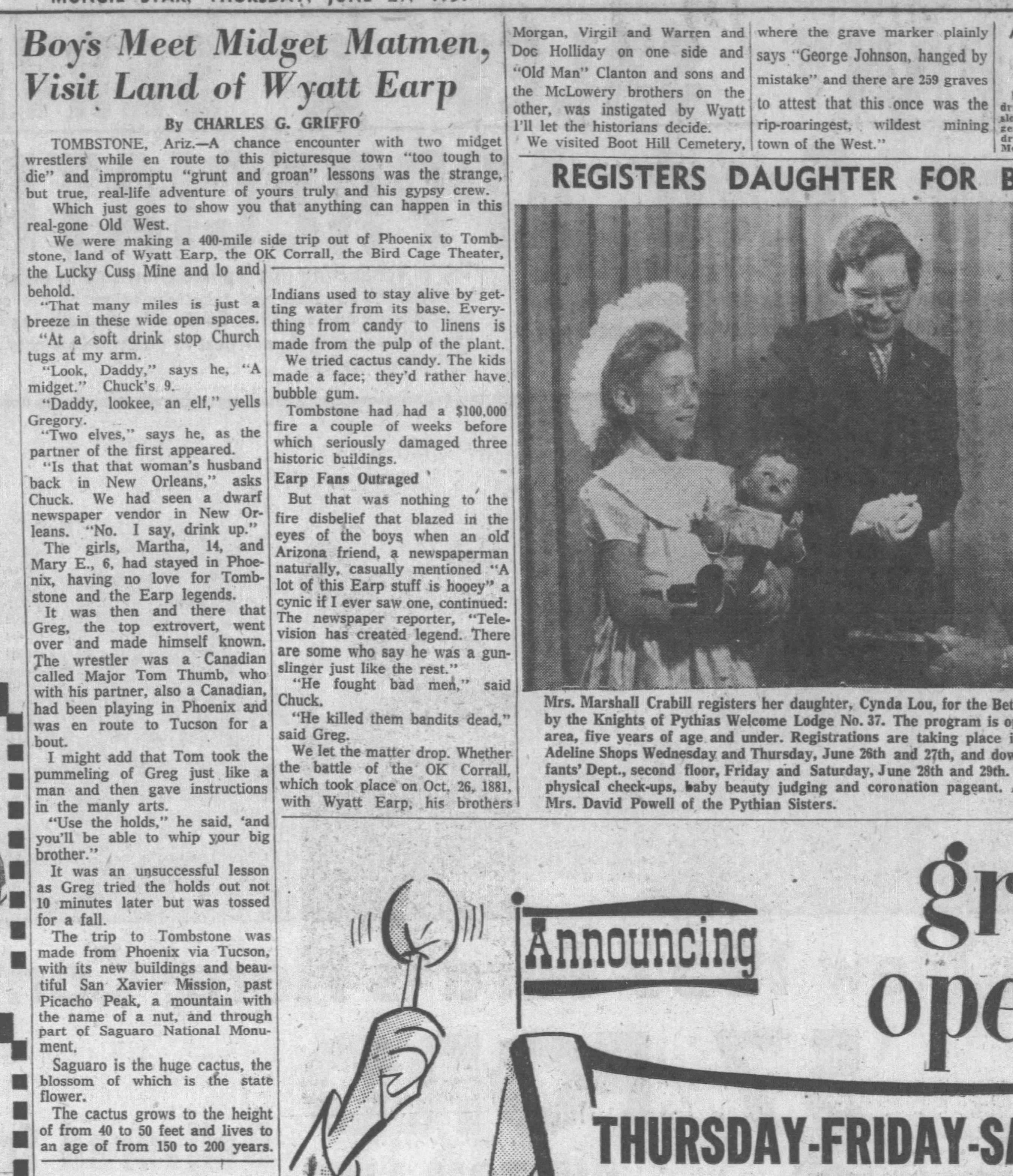 Newspaper clipping for Boy's Meet Midget Matmen, Visit Land of Wyatt Earp, Boy's Meet Midget Matmen, Visit Land of Wyatt Earp