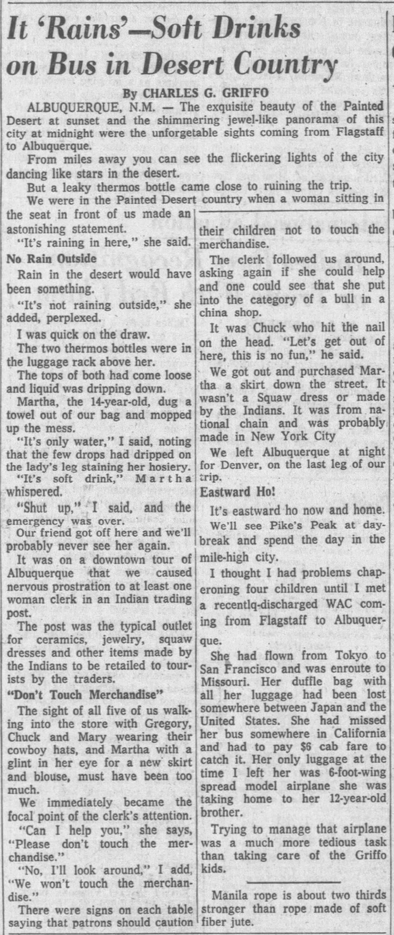 Newspaper clipping for It 'Rains' -Soft Drinks on Bus in Desert Country, It 'Rains' -Soft Drinks on Bus in Desert Country 