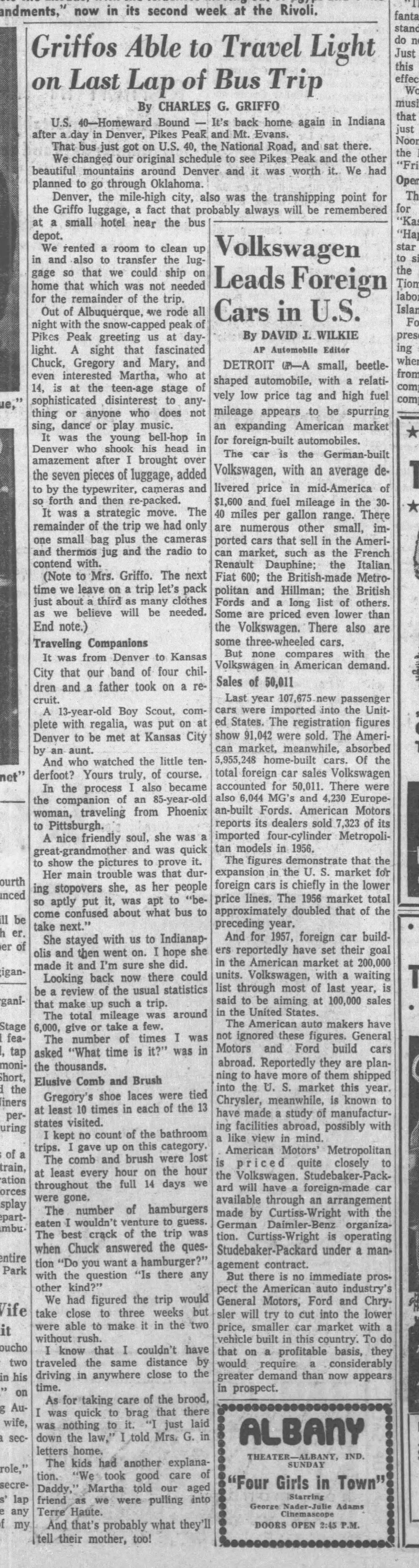 Newspaper clipping for Griffos Able to Travel Light on Last Lap of Bus Trip, Page 1